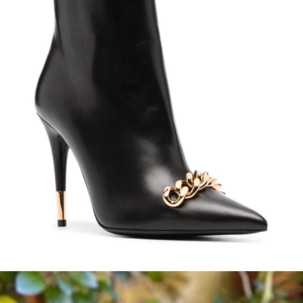 Tom Ford Black and Gold Heeled Boots with Chain Detail 105mm